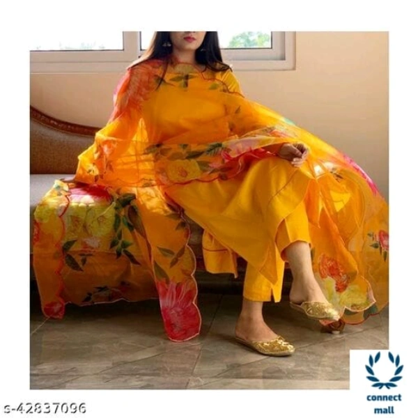 Stittched Cotton Silk Kurti Set With Flora Print Dupatta - XXL, Yellow